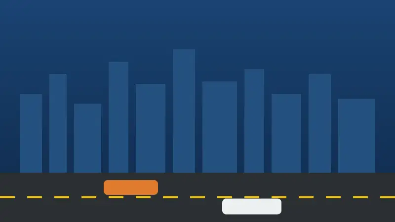 Illustration of a city skyline at dusk above a road where an orange car and a white car have stopped after a collision
